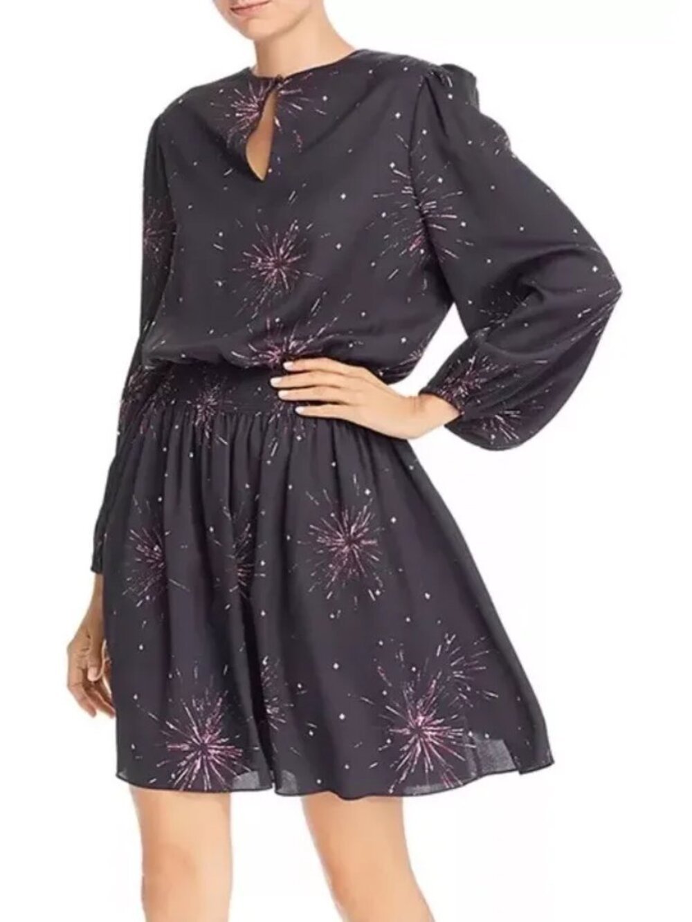 JOIE Ramia Smocked Long-Sleeve Fireworks Printed Black Dress, Size XXS
